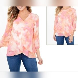 Laurie Felt Woven Reversible Pleated Sleeve Blouse Women's XS Coral Watercolor